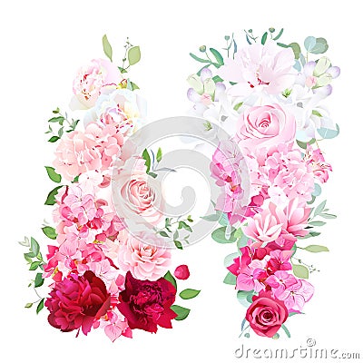 Delicate wedding ombre bouquets of rose, peony, camellia, hydran Vector Illustration