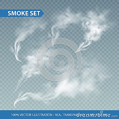 Delicate white cigarette smoke waves on transparent background. Vector illustration Vector Illustration
