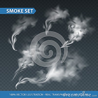 Delicate white cigarette smoke waves on transparent background. Vector illustration Vector Illustration