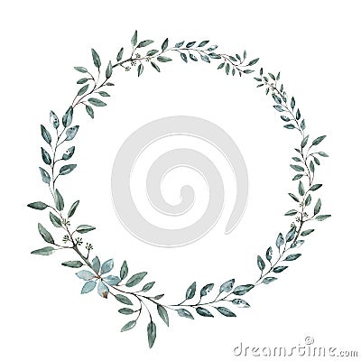 Delicate wreath of eucalyptus branches. Wedding invitation, greeting card. Watercolor. Stock Photo