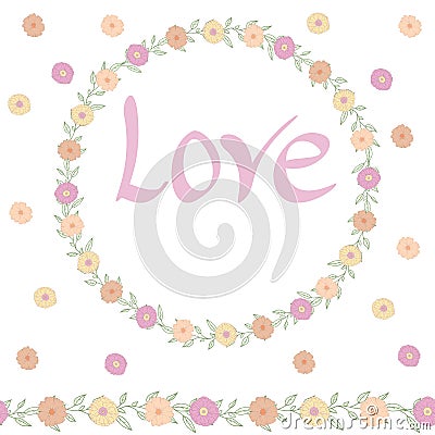 Delicate wreath of flowers.Decoration with the words Love.Seamless brush. Stock Photo