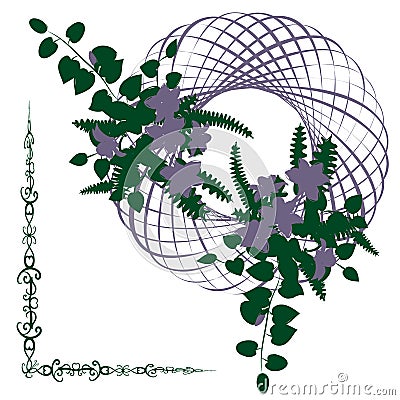 Delicate wreath with green leaves and lilac flowers Vector Illustration