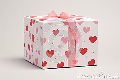 A delicately designed white box with a vibrant pink ribbon and adorable heart patterns, perfect for a thought Stock Photo