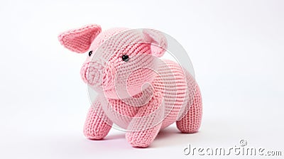 Delicately Detailed Knitted Pink Pig Toy On White Background Stock Photo