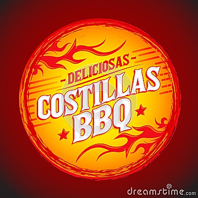 Deliciosas Costillas BBQ - Delicious BBQ Ribs spanish text Vector Illustration