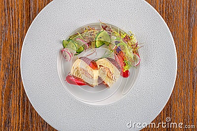 Delicious apetizer with fresh vegetable served on white plate, modern michelin food Stock Photo