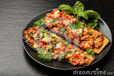 Delicious appetizer -grilled eggplants baked with minced meat, tomatoes and cheese. Stock Photo