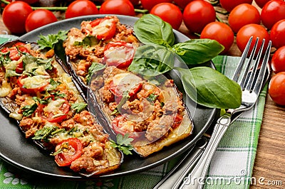 Delicious appetizer -grilled eggplants baked with minced meat, tomatoes and cheese. Stock Photo