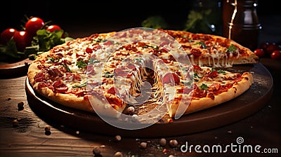 Delicious appetizing pizza with cheese on table in pizzeria closeup Stock Photo