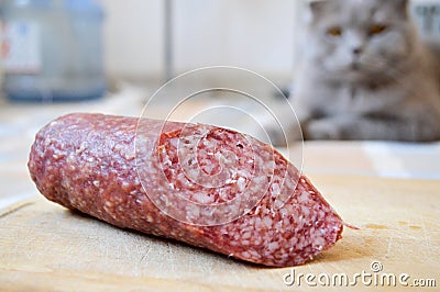Delicious, appetizing red sausage salami Stock Photo