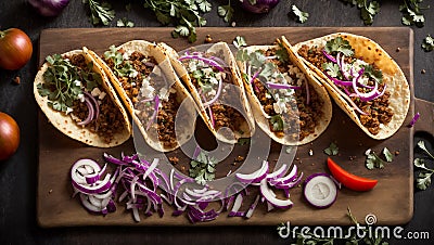 Delicious appetizing taco meat and onion on old culinary parsley Stock Photo