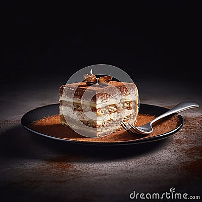 Delicious appetizing tiramisu cake with savoiardi sticks and coffee cream. World famous dessert. Generative AI Stock Photo