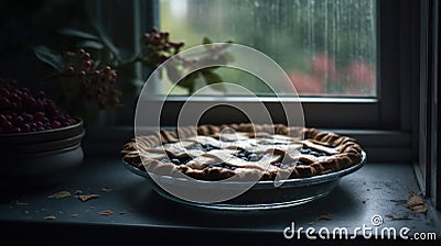 A homemade blueberry pie cooling on a windowsill created with Generative AI Stock Photo