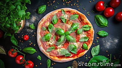 Delicious aromatic pizza with gooey cheese, salami, pepperoni, and basil, next to the ingredients on a dark table Stock Photo