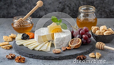Delicious artisan cheese dish with honey and dried fruits Stock Photo