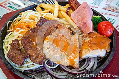 Delicious assorted meat steak meal in Hong Kong style tea restaurant Stock Photo