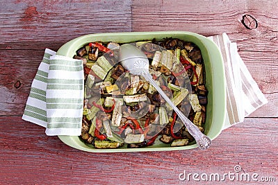 Delicious assorted roast vegetables in a dish Stock Photo