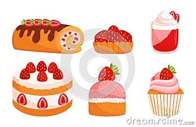 Delicious Assortment Of Strawberry Desserts. Sweet Treats Featuring Luscious Mouthwatering Cakes, Creamy Tarts Vector Illustration