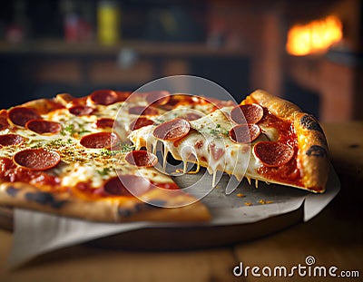 Delicious authentic pepperoni pizza with fresh basil and stretchy melting mozzarella cheese. Levitating slice Stock Photo