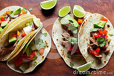 Delicious authentic snack in form of tacos mexican with vegetable and meat filling Stock Photo