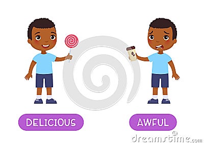 Delicious and awful antonyms word card, opposites concept. Flashcard for English language learning. Vector Illustration