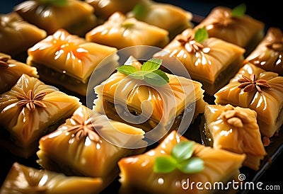 Delicious baklava dessert in oriental setting on black background Stock Photo