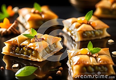 Delicious baklava dessert in oriental setting on black background Stock Photo