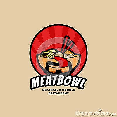 Delicious Bakso Meatball and Noodle bowl with hungry licking tongue face logo in cartoon mascot illustration Vector Illustration