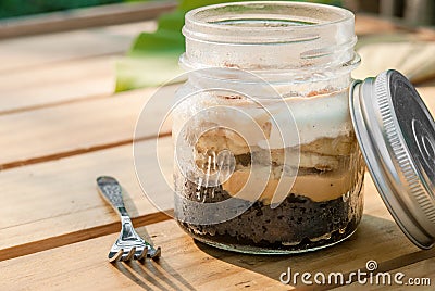 Delicious Banoffee in Mason jar Stock Photo