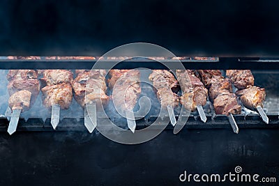 delicious bbq kebab grilling on open grill, outdoor kitchen. food festival in city. tasty food roasting on skewers, food-court. Stock Photo
