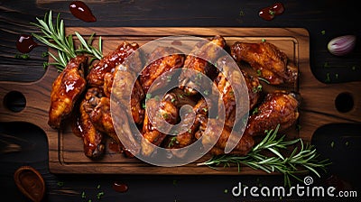 Delicious Bbq Spicy Sauce Chicken Wings On Wooden Board Stock Photo