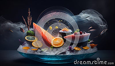 Delicious and beautiful Fresh Tuna Slice as Sashimi or steak. decorated in crystal ice. AI Generated Stock Photo