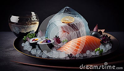 Delicious and beautiful Fresh Tuna Slice as Sashimi or steak. decorated in crystal ice. AI Generated Stock Photo