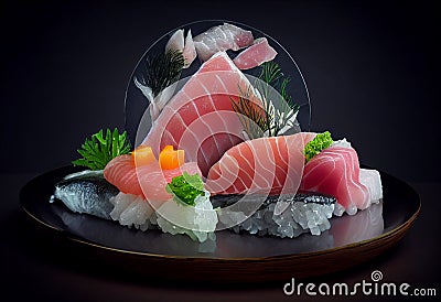 Delicious and beautiful Fresh Tuna slice for sashimi and onigiri or rice setup on the plate. AI Generated Stock Photo