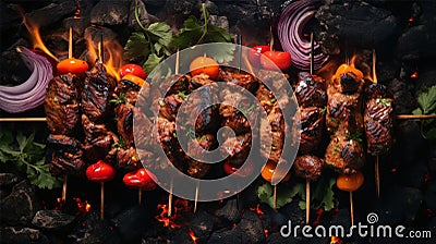 Delicious beef kebab with vegetables on fire on coals, top view Stock Photo