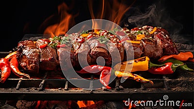 Delicious beef kebab with vegetables on fire on coals, top view Stock Photo