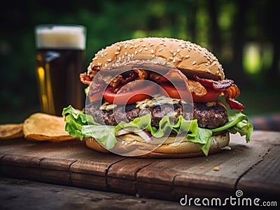 Delicious beef or pork patty burger goes well with an icy cold beverage Stock Photo