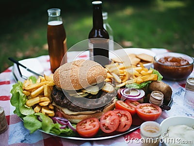 Delicious beef or pork patty burger goes well with an icy cold beverage Stock Photo