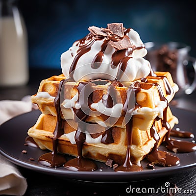 Delicious Belgian waffles with cream and chocolate Stock Photo