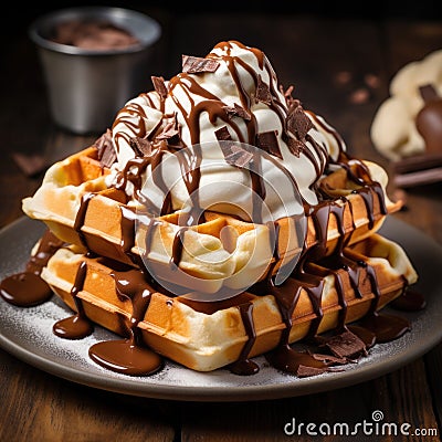 Delicious Belgian waffles with cream and chocolate Stock Photo