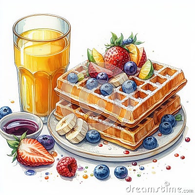 Delicious Belgian Waffles: Crispy Treat in Watercolor Art Stock Photo