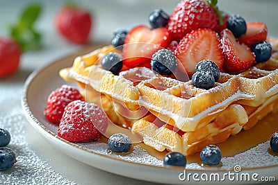Delicious belgian waffles topped with berries, generative ai Stock Photo