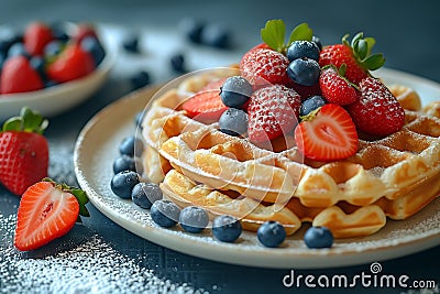 Delicious belgian waffles topped with berries, generative ai Stock Photo