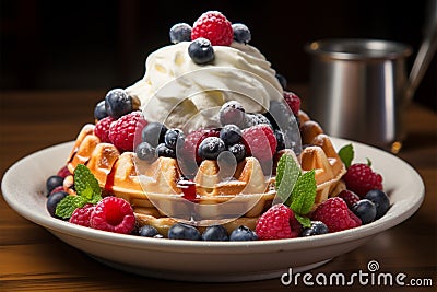 Delicious Belgian waffles topped with ice cream, fresh berries, cream Stock Photo