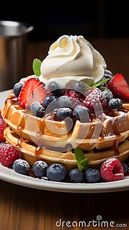 Delicious Belgian waffles topped with ice cream, fresh berries, cream Stock Photo
