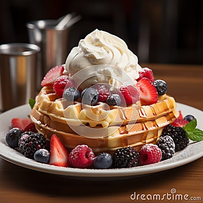 Delicious Belgian waffles topped with ice cream, fresh berries, cream Stock Photo