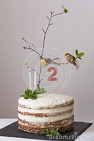 Delicious birthday cake with branch of a tree, birds, candles and number 2 as decoration. Beautiful white carrot cake Stock Photo