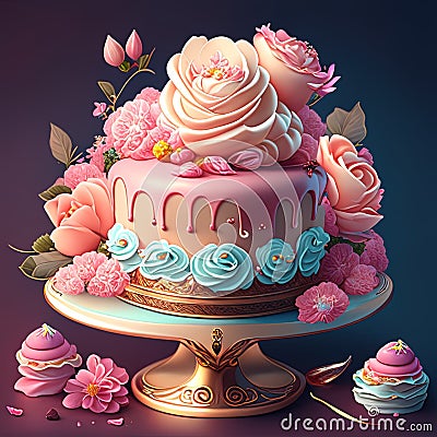 Delicious birthday cake with flowers on a dark background. 3d rendering AI generated dessert ai Stock Photo