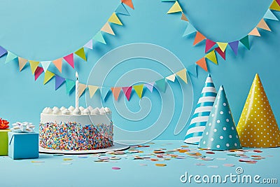 Delicious birthday cake, gifts, party hats and confetti on blue background Stock Photo