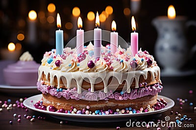 Delicious birthday cake, vibrant candles its tastiness shines on a white surface Stock Photo